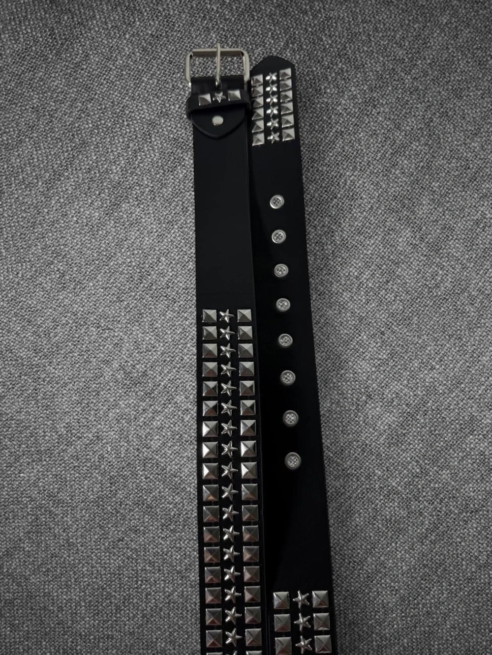 Black Wide Star And Pyramid Stud Grommet Belt Silver Buckle Punk Y2K 45 Inch